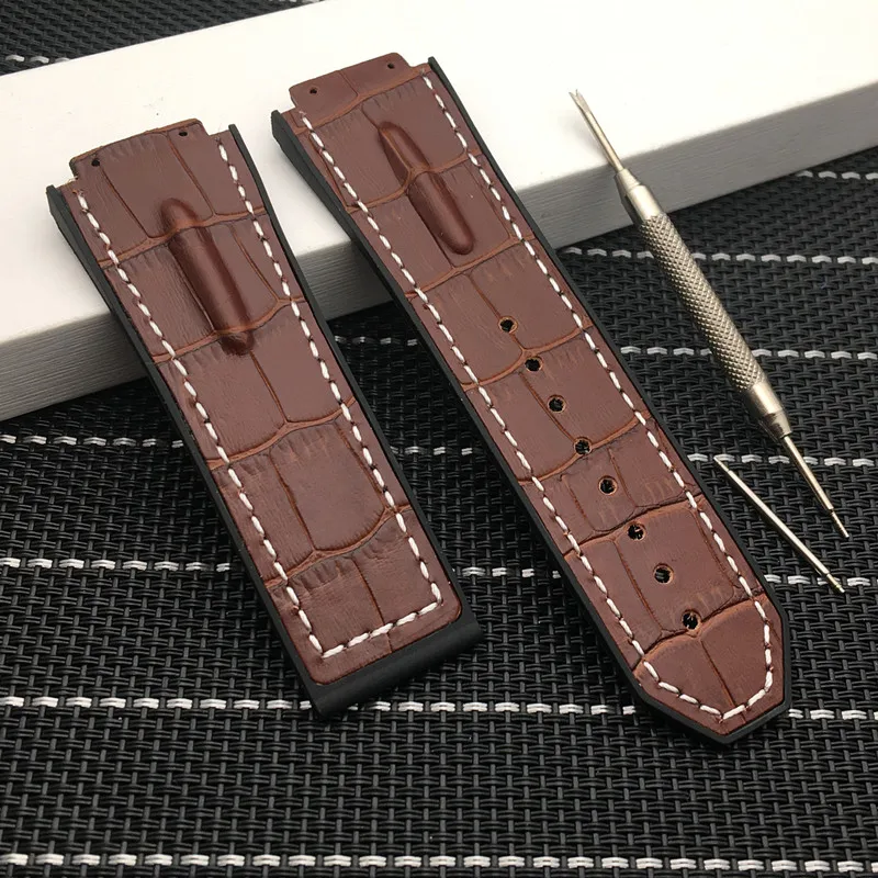 Brown white strap 29*19 мм черный синий коричневый коровья натуральная кожа с силиконовым ремешком для часов Ремешок для Hublot ремешок для king power серии концентратор логотип на - Цвет ремешка: Brown white strap