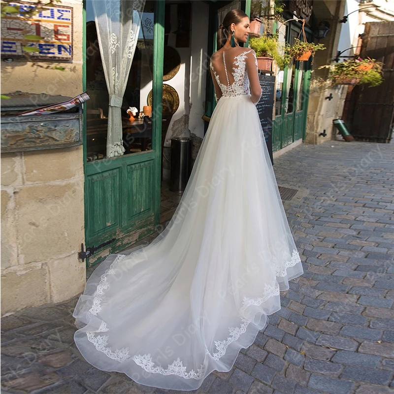 Cheap-Elegant-Tulle-A-line-Wedding-Dresses-for-Bridal-White-Ivory-O-neck-Long-Sleeve-Applique (1)