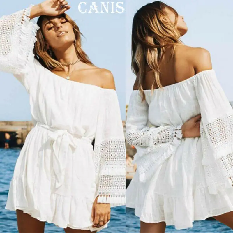 Boho Summer Dress Women New Stitching Slash Neck Flare Sleeve Dress Ladies Vestito Solid Color Beach Mini Dress Lady Sundress
