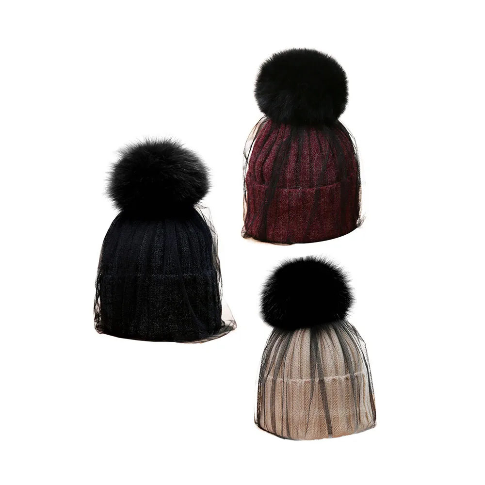 Зимняя вязаная женская шапка Skullies s с шариком и черепом, универсальная теплая шерстяная шапка для взрослых, вязаная женская шапка с помпонами Skullies
