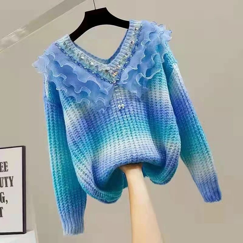 

Elegant Sweater Women 2021 Casual Fashion Loose Women Sweaters and Pullovers Sequins Beaded Folds Laminated Jumper Sueter Mujer