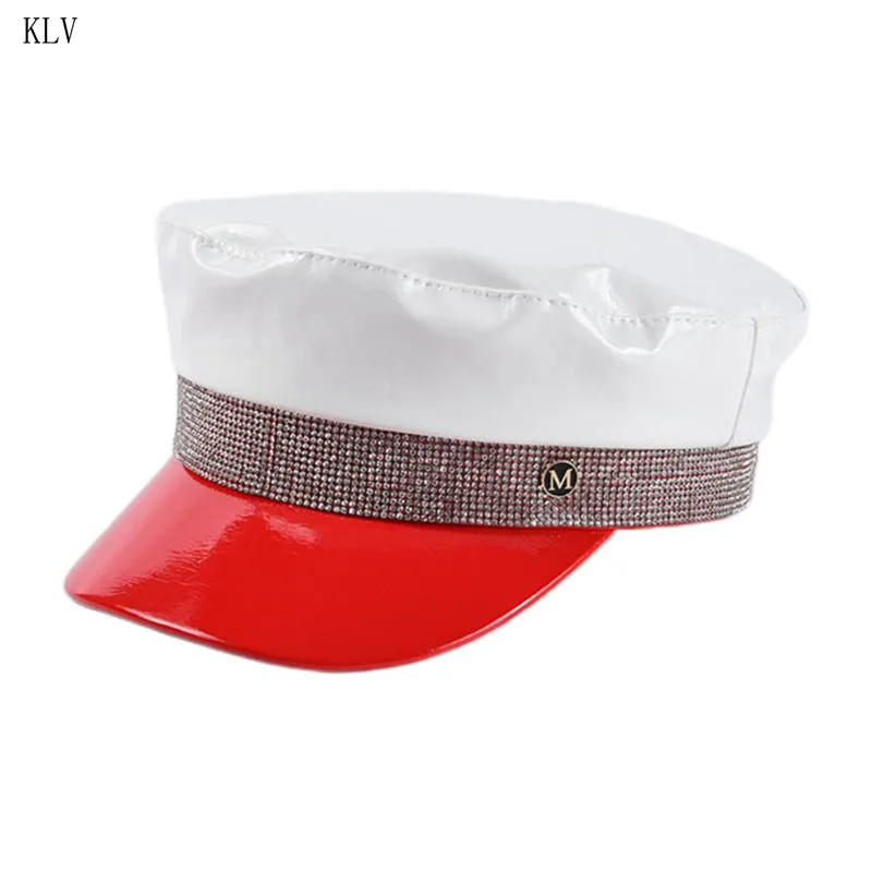 Осенне-зимняя женская модная кепка с красными полями, эмалированная декоративная Кепка с бриллиантами, женская шапка из искусственной кожи, военная Кепка - Цвет: Белый