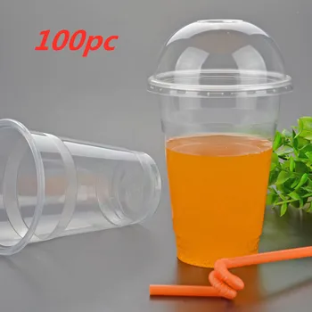 

450ml 100PC Disposable Plastic Cups With Hole Dome Lid Coffee Cups Clear Tea Juice Packaging Cups Cold Drinking Beverage Cup B14