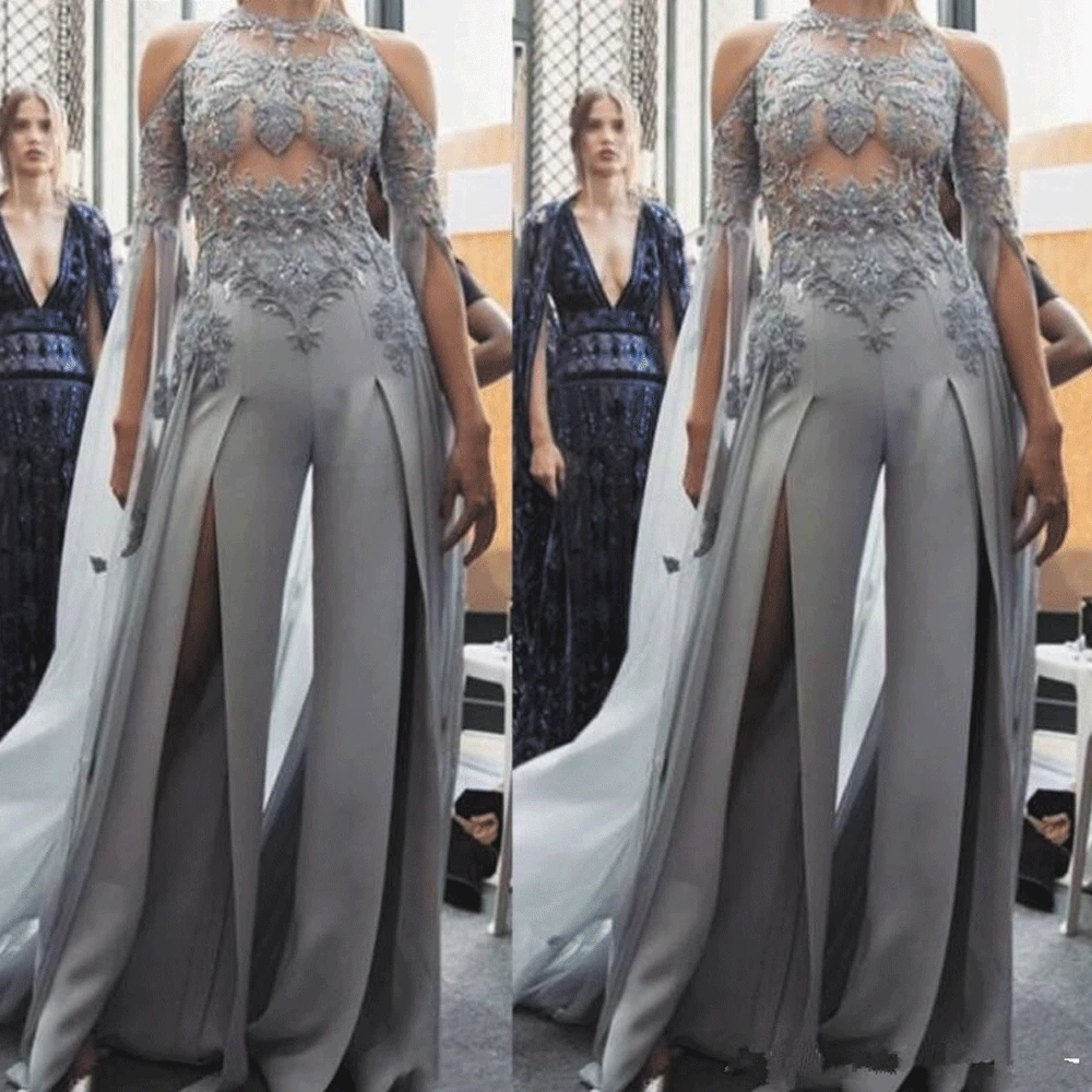 SuperKimJo серебристый комбинезон для свадьбы с кружевной аппликацией элегантный Дубай Арабский стиль брюки для вечерних платьев Vestidos De Fiesta