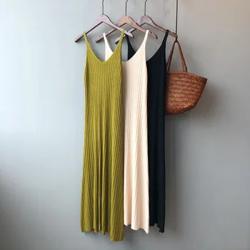 

Spring Summer 2020 Woman Tank Dress Casual Knitting Sexy Camisole Elastic Female Home Beach Dresses V-neck Camis Sexy Dress