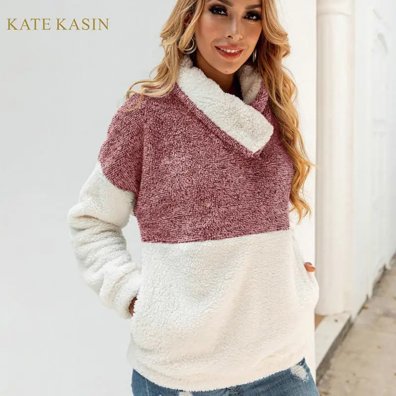 Kate Kasin/осенне-зимний Пушистый Плюшевый пуловер с длинным рукавом для женщин, Повседневный свитер с карманом, пуловер с ягненком