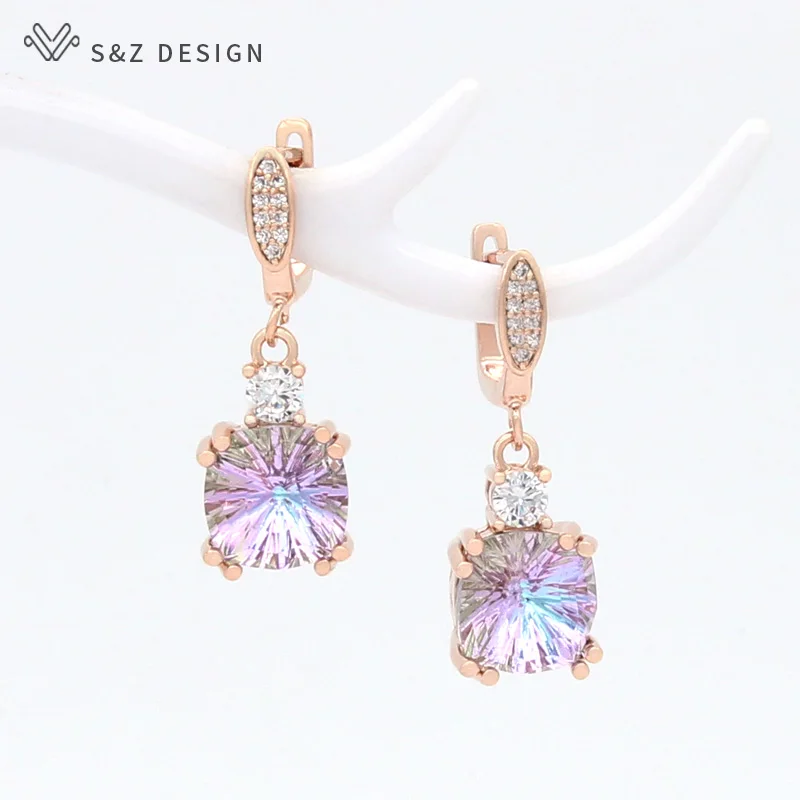 S&Z DESIGN New Fashion Luxury Colorful Square Crystal Zirconia Dangle Earrings Eardrop For Women 585 Rose Gold Color Jewelry