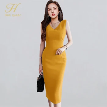 

H Han Queen Simple Sleeveless V-neck Elegant Pencil Dress Women Summer Slim Business Sheath Bodycon Dresses Office Wear Vestidos