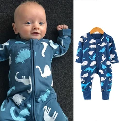 Cartoon Dinosaur Print Baby One-piece Clothes Autumn Newborn Baby Outing Long-sleeved Zipper Cotton Romper