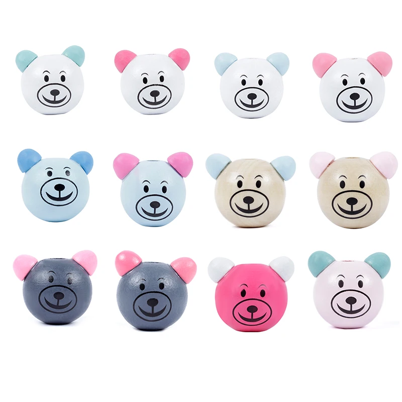 

10pcs/Lot Mixed Color Wooden Animal Cartoon Bear Head Beads For Baby DIY Pacifier Holder Clip Necklace Spacer Beads 29*25mm