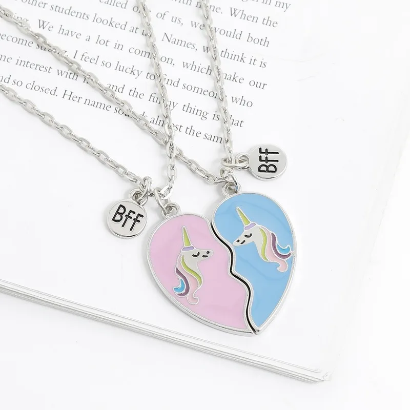 

2 Piece Set of Best Friend BFF Broken Heart with Unicorn Pattern Stitching Pendant Chain Friendship Clavicle Necklace