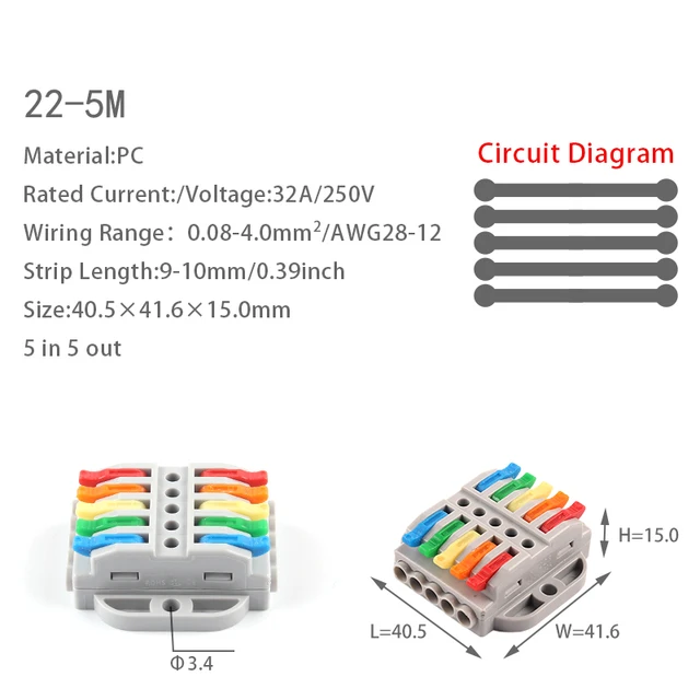 5PCS Fast Wire Cable Connectors Universal Compact Conductor Spring Splitter Wiring Connector Push-in Terminal Block For Electric 22-5M