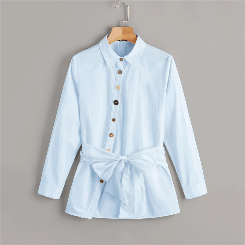 SHEIN Button Front Belted Blouse White Solid Long Sleeve Blouse Casual Women Clothes Spring Autumn Blouses