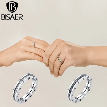 

BISAER Couple Time Wedding Rings 925 Sterling Silver Round White & Black Zircons Ring For Lover Anniversary Jewelry ECR610