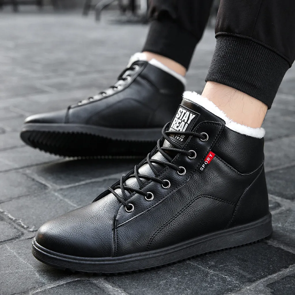 Осенне-зимние плюшевые теплые кожаные мужские ботинки Черная Мужская Уличная одежда ботильоны laec up Черный Большие размеры# G2