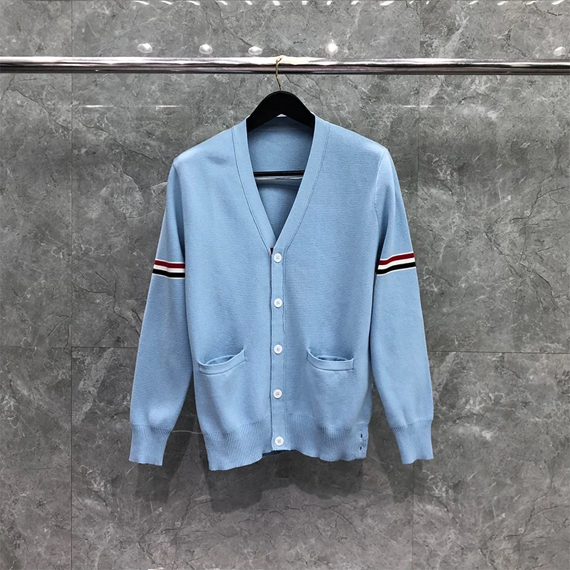 

TB THOM Men's Sweaters Autunm Winter Fashion Brand Coats Cotton Stripe Armband V-Neck Cadigan Slim fit Casual Blue TB Sweaters
