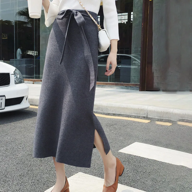 NORMOV осень зима женские юбки твердые пояса Сторона Сплит до середины икры хлопковая Юбка Повседневная вязаная Femme юбки
