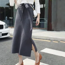 NORMOV осень зима женские юбки твердые пояса Сторона Сплит до середины икры хлопковая Юбка Повседневная вязаная Femme юбки