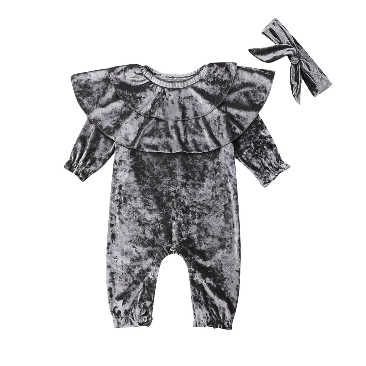 Brand Baby Kids Girls Infant Romper Ruffle Solid Jumpsuit Headband Princess Autumn Winter Soft Velvet Clothes Outfit New - Color: Gray