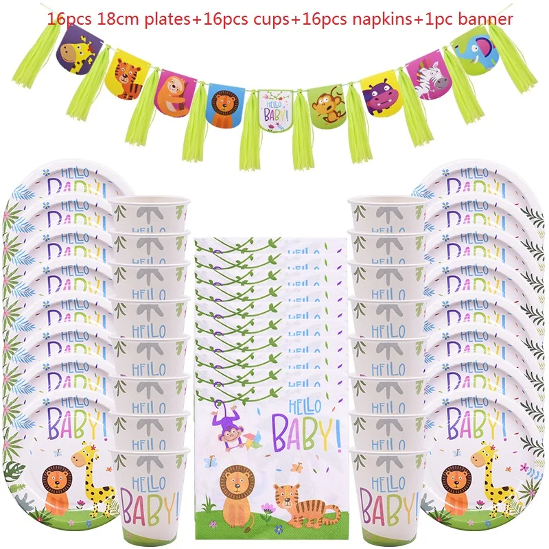 Happy Birthday Disposable Tableware Set Pink Blue Paper Cups Paper Plates Jungle Mermaid Football Theme Birthday Party Supplies
