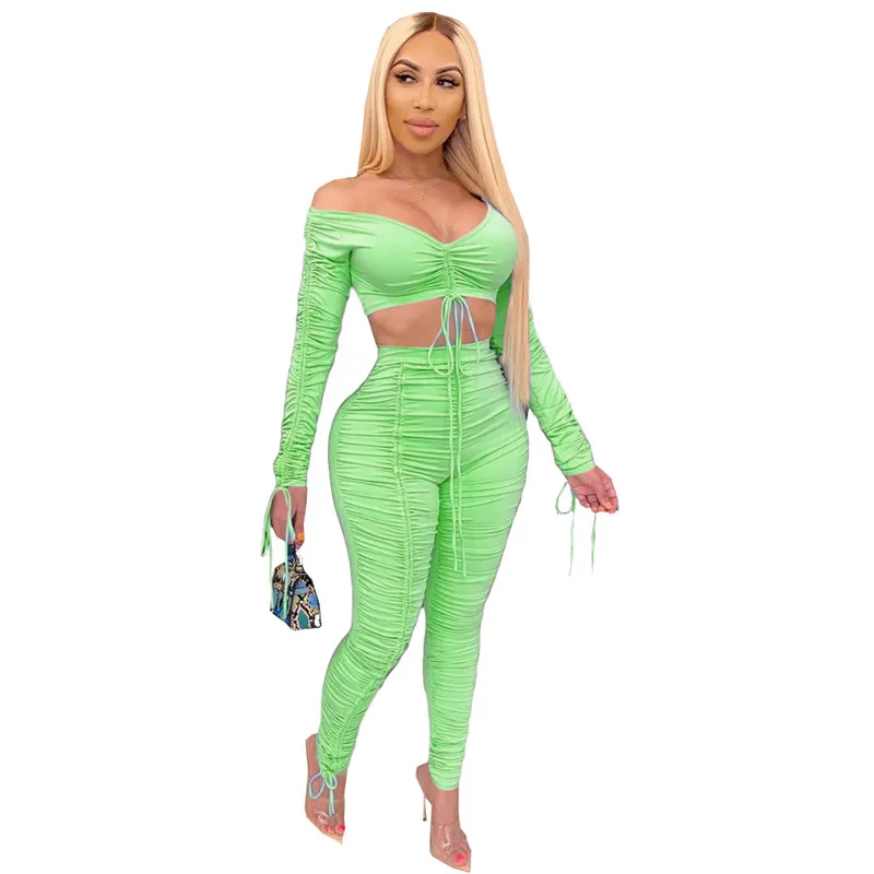 thumbnail image 1 of Conjunto de dos piezas con cordón y cordones para mujer, top corto con hombros descubiertos y pantalones fruncidos apilados, conjunto elegante de 2 piezas, conjuntos de club a juego, 1 of 5