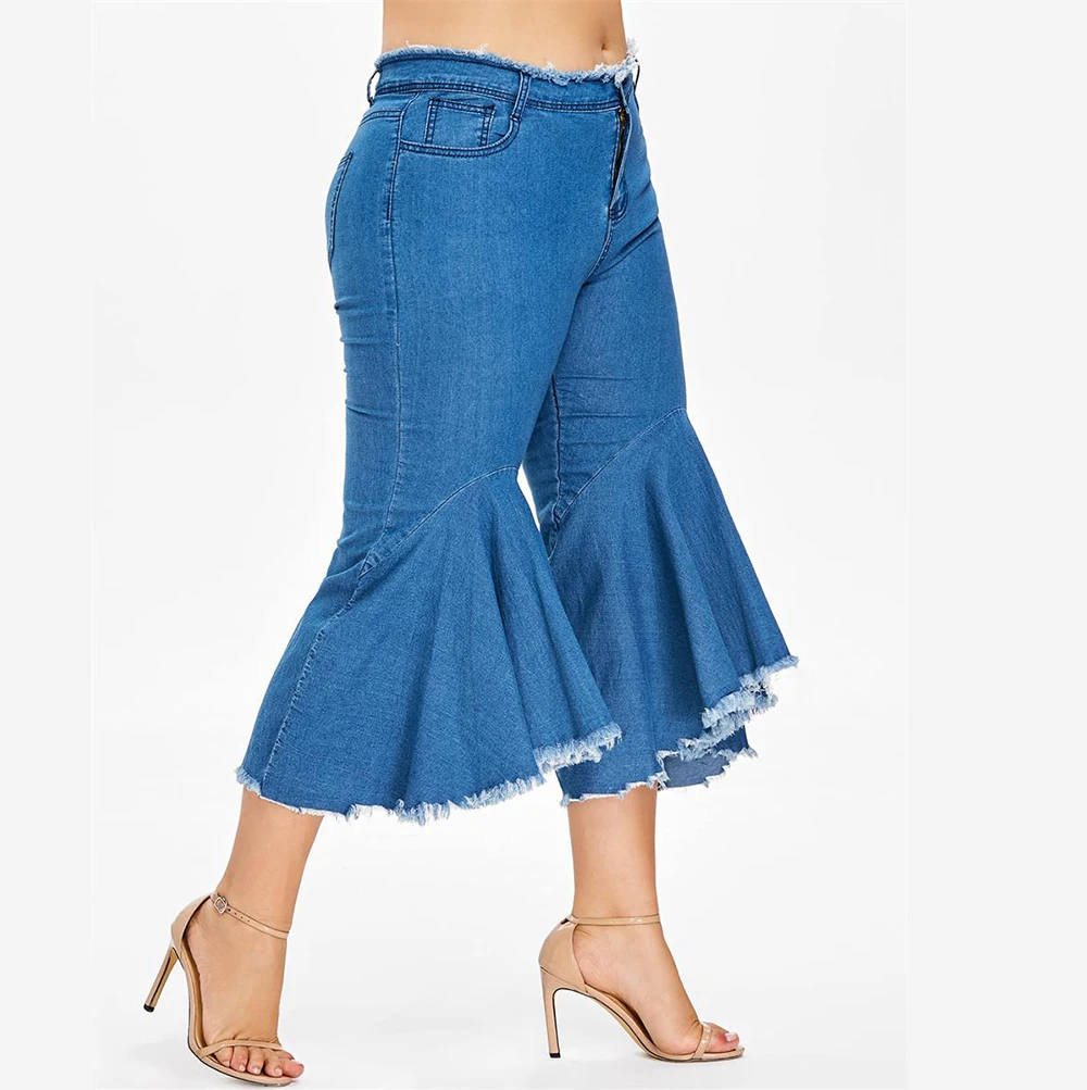Boho модные джинсовые Укороченные расклешенные брюки женские джинсы широкие ноги леди случайный звонок-низ расклешенные брюки женские большие размеры 5XL