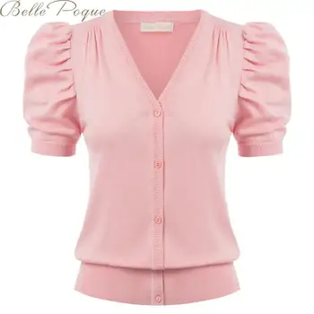 

Belle Poque Women Cardigan Short Sleeve V Neck Cardigans Pink Black Knitted Coat Puff Sleeve Cute Cardigan 2020 Spring