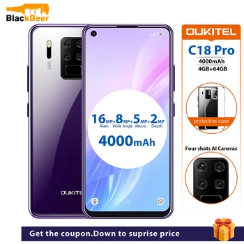 Перейти на Алиэкспресс и купить OUKITEL C18 Pro мобильный телефон, экран 6,55 дюйма, 4G, Android 9,0, MT6757, 4 Гб + 64 ГБ