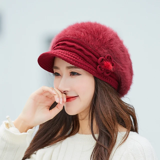 Rabbit Fur Knitted Hats Casual Solid 