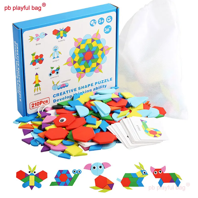 

PB Playful Bag Creative 210 piece jigsaw puzzle Children's educational toys Geometric wooden building blocks DIY gifts UG125
