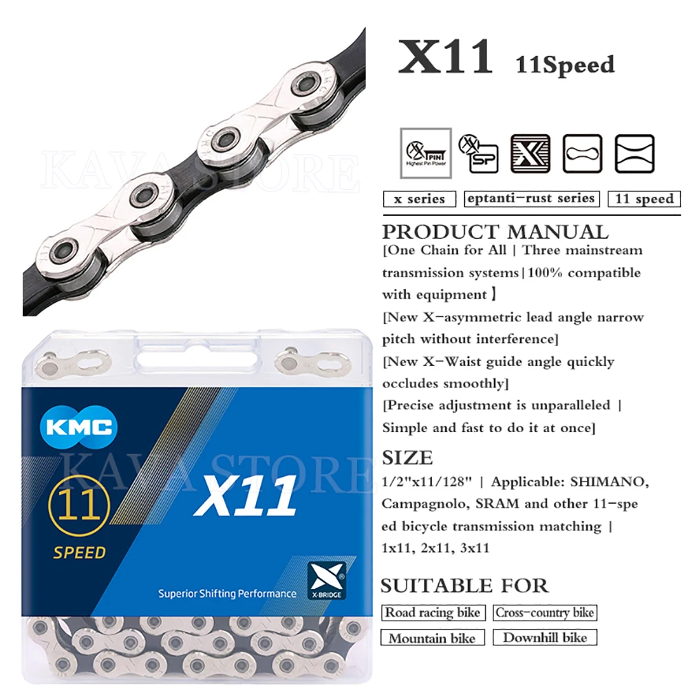KMC, x9x10x11 speed 116maillons chain mountain bike/Road, suitable for SRAM 9s 10s 11 speed, 9V, 10V, 11 V, bicycle parts, accessories