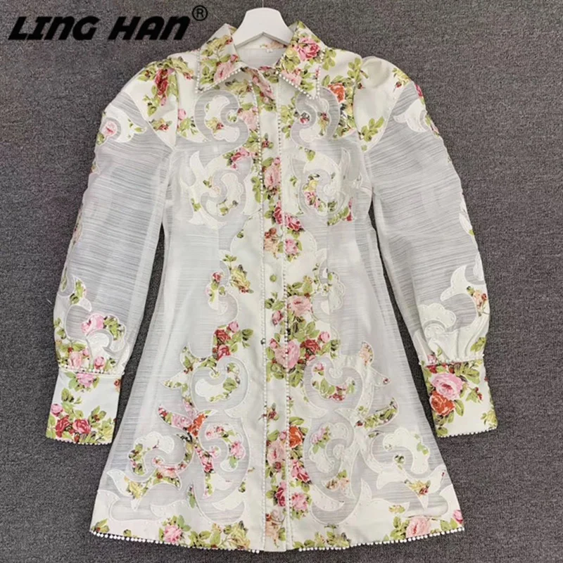 LINGHAN/осенне-зимнее платье-рубашка для подиума, женское Элегантное однобортное мини-платье с рукавами-фонариками и цветочным принтом