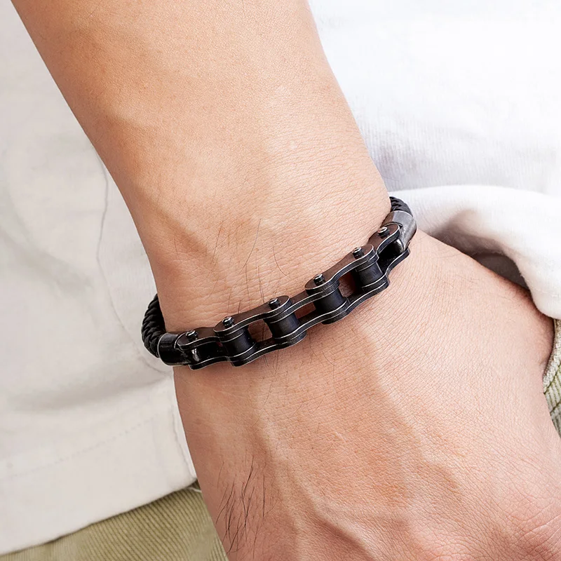 MKENDN Vintage Oxidized Black Stainless Steel Men Bracelet Cycling