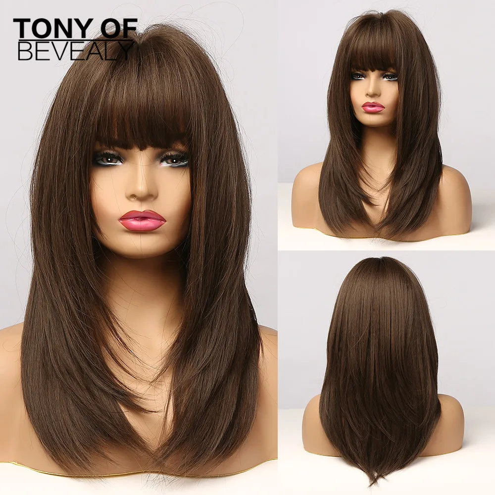 Wigs Bangs Synthetic-Hair Natural Medium Women Afro Heat-Resistant Wavy Brown Layered