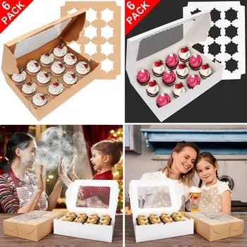 

6pcs Cupcake Boxes With Window White Brown Paperboard Boxes Dessert Mousse Box Muffin Cardboard Box Dessert Packaging Case