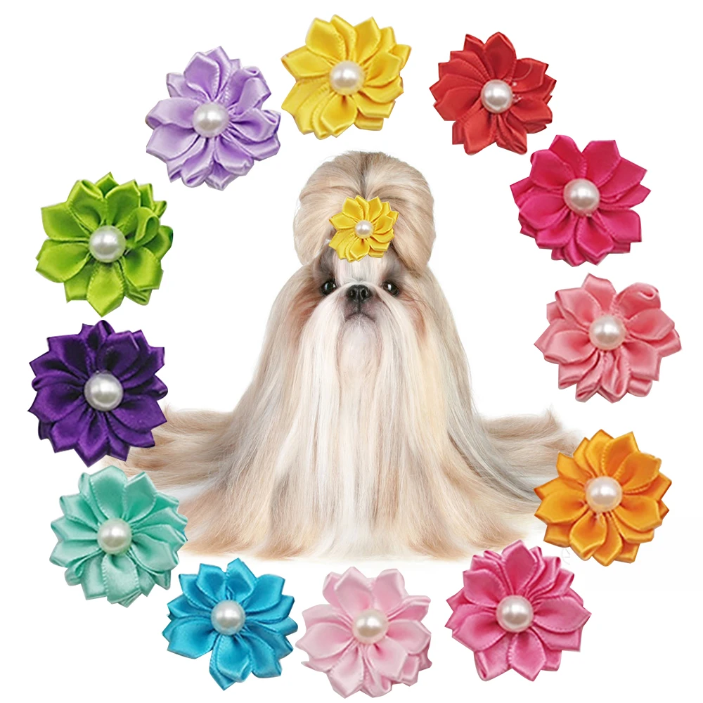 Flower Dog Hair Bows Long Hair Pet Dogs Bows Rubber Band Cat Puppy Hair Clips Pet Grooming Bow Dog Accessories Perros