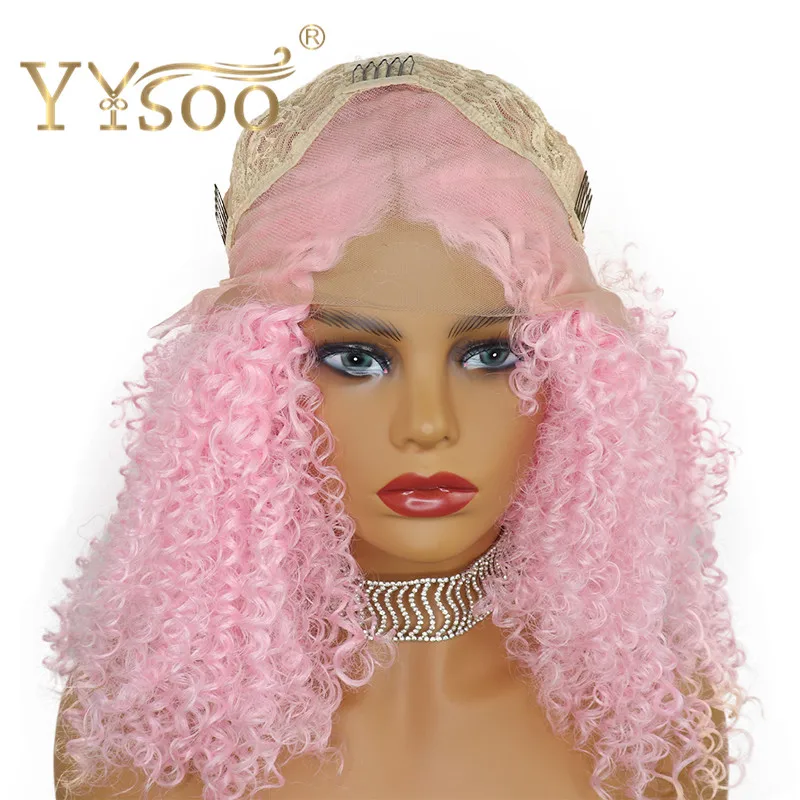 YYsoo 13x4 короткий розовый кудрявый вьющиеся Синтетические волосы на кружеве парики для чернокожих Для женщин бесклеевой половинный парик синтетические вьющиеся парики с высокой плотностью