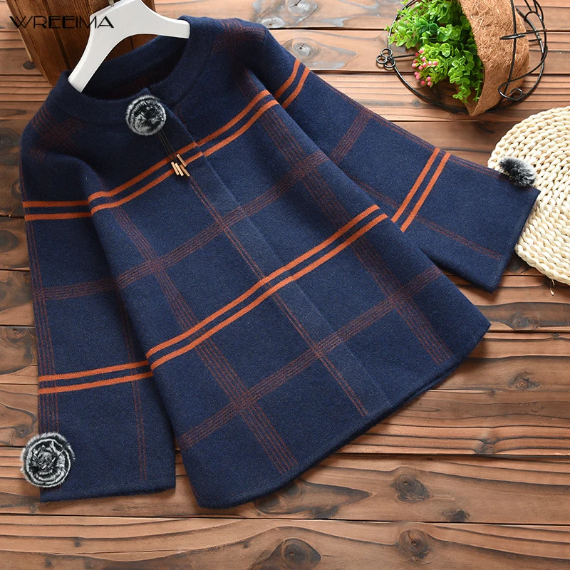 wreeima 4 Colors Loose Knitted Coat Plaid Round Collar Covered Button Women's Long-sleeved Elegant Sweater |