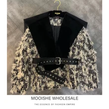 Новое зимнее шерстяное пальто с длинными рукавами и большим отворотом плюшевый пестрый пояс на талии