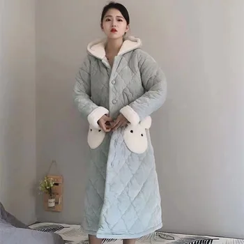

Winter Plus Cotton Thicker Home Pajamas Female Cute Cartoon Fruit Green Nightgown Hooded Warm Pajamas Solid Color Suit