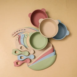 3 pces conjunto bebê bpa livre à prova dwaterproof água silicone colher tigela de alimentação babadores conjuntos antiderrapante auto feed soild utensílios de mesa produtos para bebê