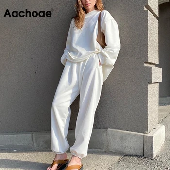 

Casual Solid 2 Piece Set Women Batwing Long Sleeve Pullover Sweatshirt Elastic Waist Full Length Straight Pants Set Lady