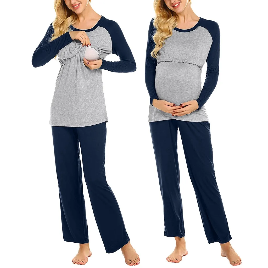 Пижамный комплект для кормящих, топы и штаны, зимняя одежда для сна, ночная рубашка для кормления, пижама Allaitement для беременных женщин, одежда для беременных, 19Oct