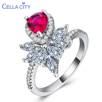 

Cellacity Trendy Silver 925 Jewelry Water Drop Shaped Gemstones Ring for Women Ruby Zircon Crown Engagement Wedding Rings Gift