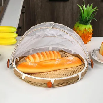 

Handmade Bamboo Woven Bug Proof Wicker Basket Dustproof Picnic Fruit Tray Food Bread Dishes Cover With Gauze Fruit picnic basket