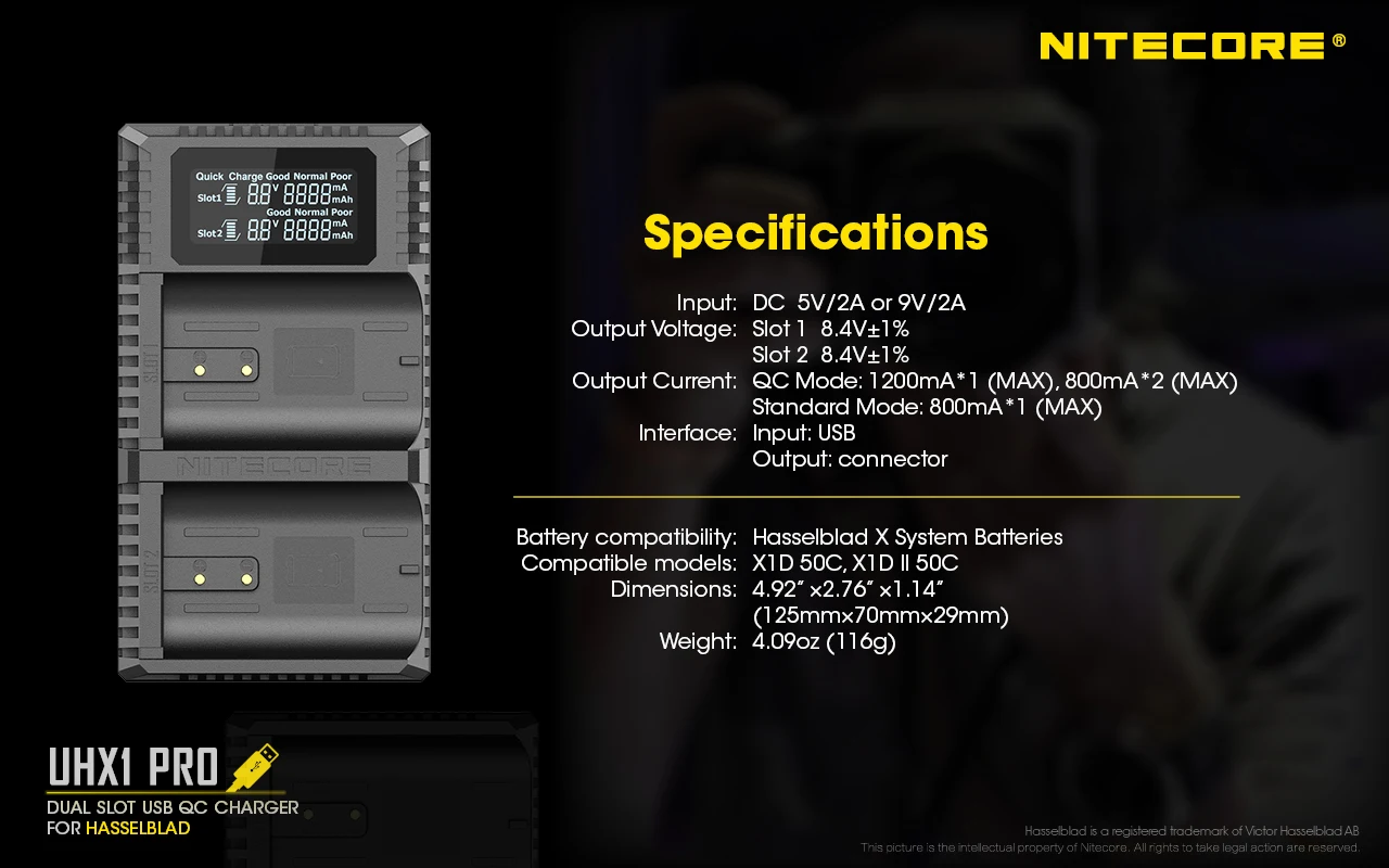 Nitecore UHX1 PRO Двойной слот зарядное устройство для путешествий камеры для Hasselblad X системы батареи Совместимые модели: X1D 50C, X1D II 50C
