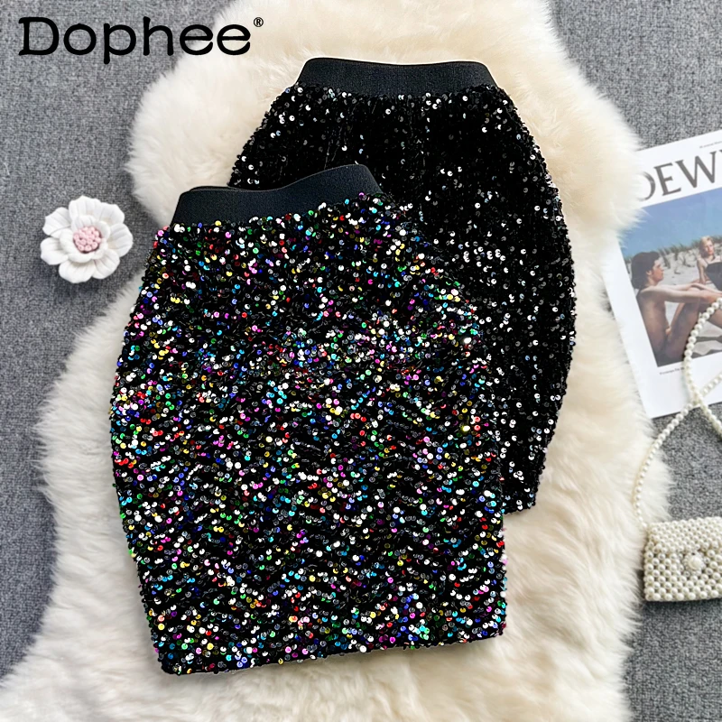 Elastic High Waist A- Line Sequins Velvet Skirt Women 2021 Autumn Winter New Slimming Hippie One-Step Mini Skirt Mujer Faldas