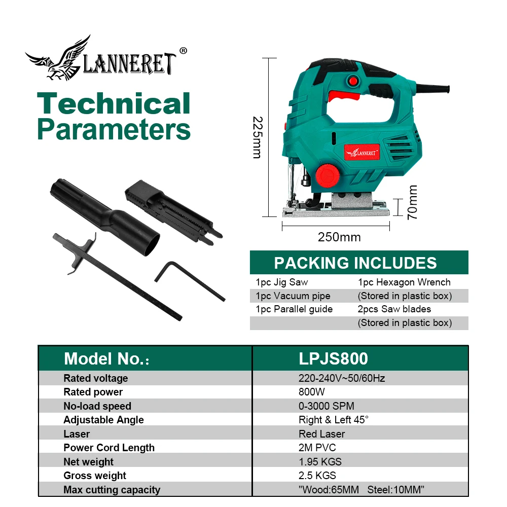 LANNERET 800 Вт Лазерный лобзик с переменной скоростью, многофункциональные Лобзики, электрические пилы, металлическая линейка, 2 Пилы для деревообработки
