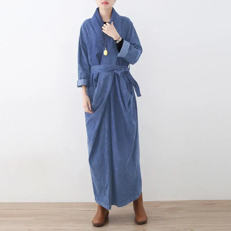 Light Blue ZANZEA женское джинсовое Длинное Макси платье осень зима длинный рукав vestidos с поясом высокая талия сарафан хлопок разрез подол халат 5XL - Цвет: Light Blue