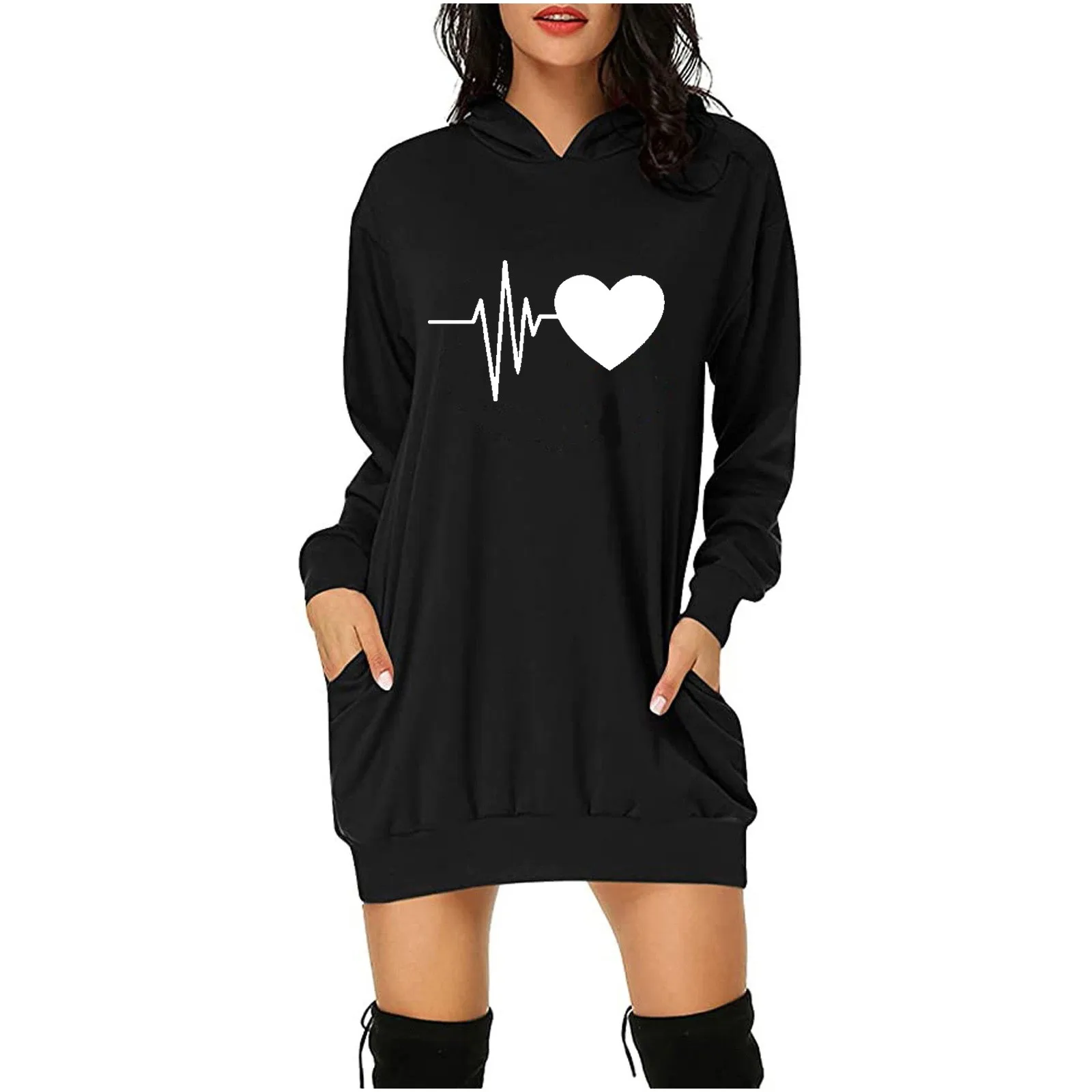 Vestidos con capucha y bolsillos para mujer, Vestido corto con estampado de corazón para el Día de San Valentín, sudadera para mujer # t2g 2021